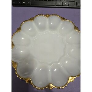 Vintage Milk Glass Devil Egg Oyster Plate with Gold Anchor Hocking